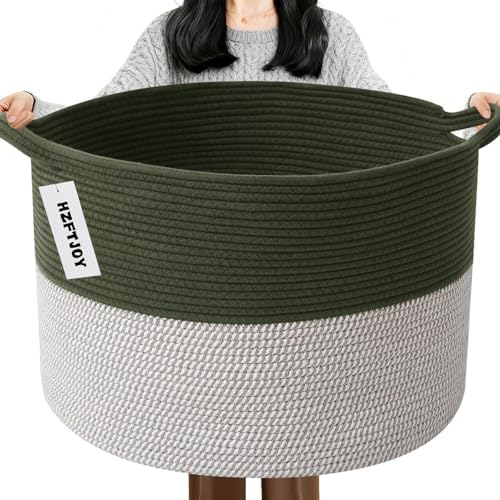 115L Extra Large Blanket Basket,Woven Laundry Basket-Green&White by HZFTJOY