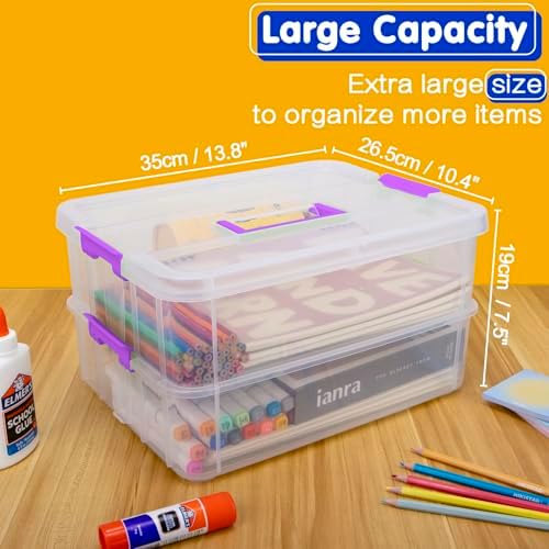 TERGOO 2 Layer Plastic Storage Containers with Lids, Multipurpose Clear Stack & Carry Box, Portable Craft Organizers and Storage Bin for Organizing Art & Craft, Sewing, Makeup, Nail Supplies (Purple) - Image 2