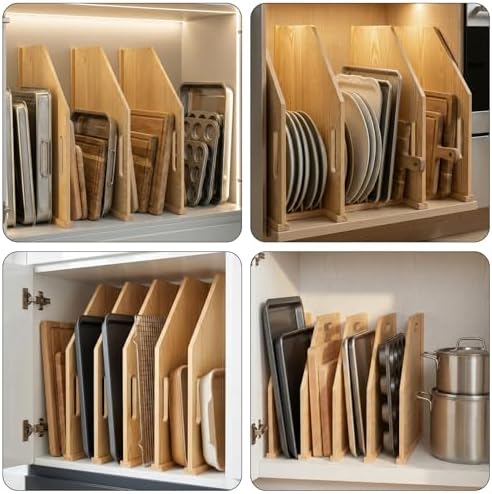 6 Pack Solid Wood Tray Dividers for Cabinet, Cookie Sheet Organizer for Cabinets, Baking Sheet Organizer, No-Cut Kitchen Cabinet Dividers, Cookie Trays for Kitchen, Pantry Storage (12, Pounds) - Image 6