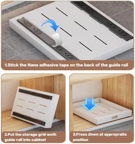 bealy 1 Pack Pull Out Cabinet Organizer Adhesive, 12'' W x 16.9" D x 3.1'' H Heavy Duty Carbon Slide Out Pantry Shelves, Sliding Drawer Pull Out Pantry Shelves for Kitchen, Living Room, Home - Image 4