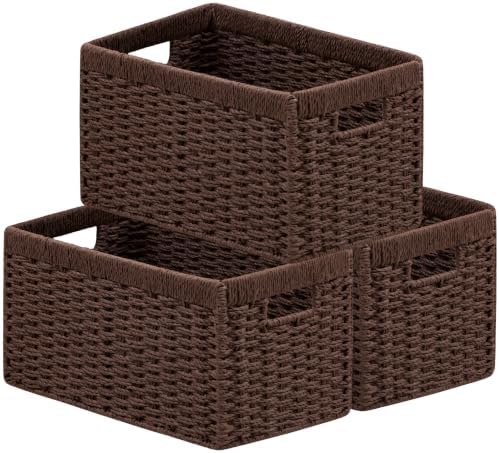 UBBCARE 3 Pack Wicker Basket, 13.4L×8.3H×7.1W inch Woven Paper Rope Storage Baskets for Shelves, Foldable Rectangular Storage Baskets with Handle, Storage Basket for Organizing, Dark Brown by UBBCARE