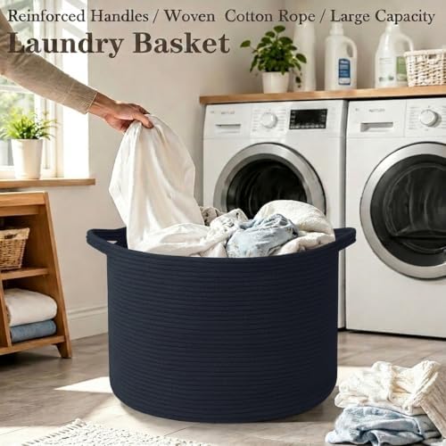65L Large Blanket Basket,Woven Rope Laundry Basket-Dark Blue - Image 5