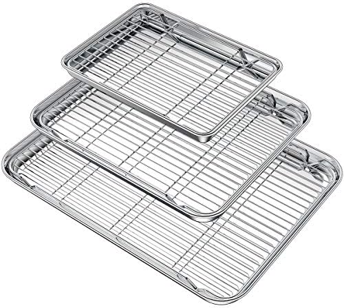 Wildone Baking Sheet with Rack Set (3 Pans + 3 Racks), Stainless Steel Baking Pan Cookie Sheet with Cooling Rack, Non Toxic & Heavy Duty & Easy Clean by Wildone
