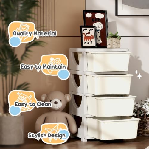 Qaba 4 Drawers Kids Storage Unit 4 Tier Toy Organizers Cream White - Image 7