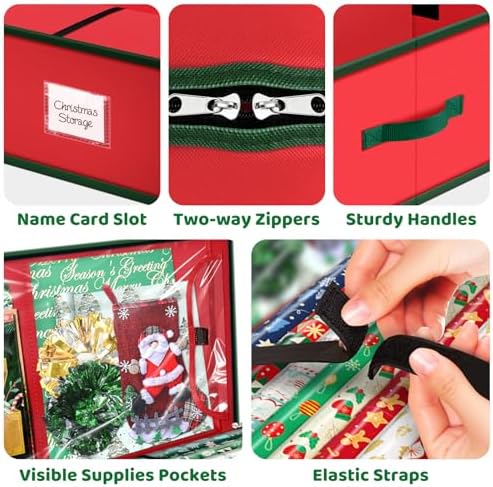 Fabspace Christmas Wrapping Paper Storage Containers, 40 Inch Gift Wrap Organizer, Visible Supplies Pockets for Xmas Accessories, Underbed Storage for Christmas Decorations, Red - Image 5