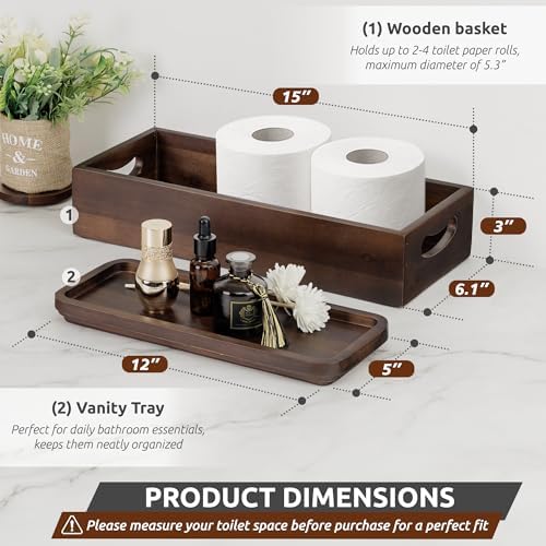 DEMIGO Toilet Tank Topper & Vanity Tray, Acacia Wood Decor Set, Dark Brown - Image 2