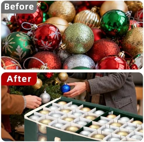JY COOKMENT Christmas Ornament Storage Box with Adjustable Dividers and Side Pockets, Large Ornaments Storage Container Bin with Zippered Top for Xmas Decorations (128-3" Balls, Green, Without Tray) - Image 4