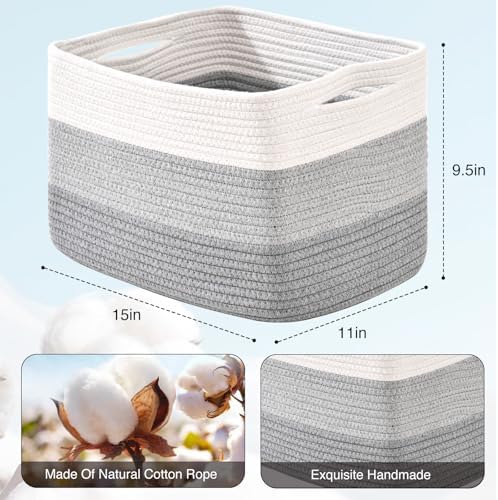 ICERZCZ Storage Baskets for Organizing Shelves, Woven Cotton Rope Baskets for Storage Books Towels Toys, Organizing Baskets, Toy Basket for Nursery Bathroom, 15"x11"x9.5", 3 Packs, Gradient Grey - Image 3