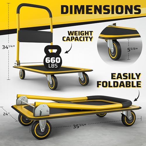 Heavy Duty Foldable Push Cart Dolly | 660 lbs. Capacity | Upgraded Collapsible Hand Truck Folding Platform with Swivel Wheels | Flat Bed Moving Wagon | Space Saving Push Handle (Yellow) - Image 2
