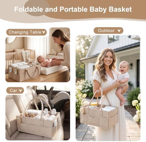 Beige 3 Tier Rolling Diaper Caddy Cart with Wheels and Detachable Dividers - Image 5
