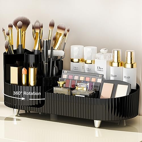 Rotating Makeup Organizer for Vanity with Brush Holder, Cosmetic Makeup Storage Organizer, Large Spinning Makeup Skincare Organizer, Countertop Makeup Perfume Organizer, Lotions Display Case (Black) by COMFYROOM