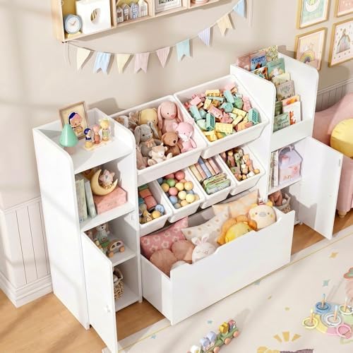 55'' Toy Storage Organizer & Kids Bookshelf with Large Wood Toy Chest,White - Image 2