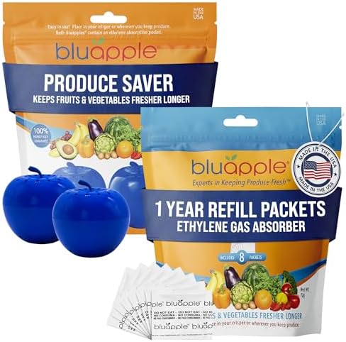 Bluapple Produce Saver Ethylene Gas Absorber - Fresh Fruit & Vegetable Storage for Refrigerator, Kitchen Must Haves, Produce Keeper, Fruit Saver, Each Packet Lasts 3 Months, BPA Free - 15-Month Bundle by TheBluappleCompany
