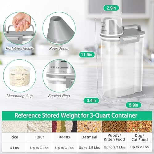 TBMax Rice Storage Container 2 Pack, Plastic Kitchen Pantry Food Storage Container with Cup, Small Pet Dog Cat Food Container Dispenser-Grey - Image 3