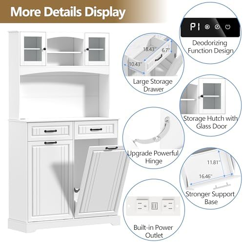 Double 13 Gallon Tilt Out Trash Can Cabinet with Deodorizing Function and Power Outlet, 71" Tall Wooden Garbage Can Holder Cabinet with 2 Storage Hutch & 2 Drawers for Kitchen and Dining Room, White - Image 2