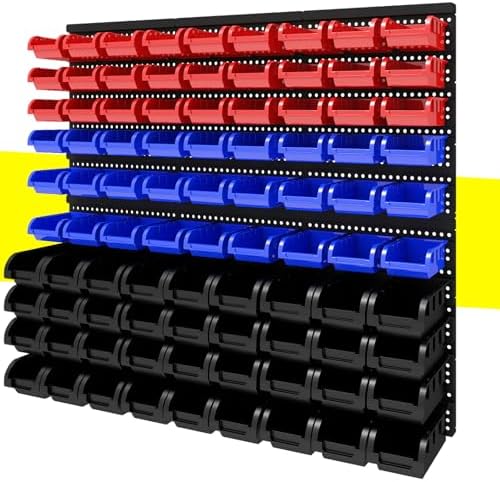 90Pcs Plastic Wall Mounted Storage Bins Parts Rack Nuts And Bolt Bins Organizer For Shop Garage for Screws, Nuts, Bolts, Nails, Beads, and Small Hardware Parts,Red,Blue,Black by Unknown