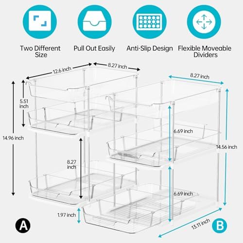 Delamu 2 Sets of 3-Tier Bathroom Under Sink Organizers and Storage, Multi-Purpose Stackable Pantry Organization and Storage, Pull Out Clear Kitchen Bathroom Cabinet Organizer with Movable Dividers - Image 3