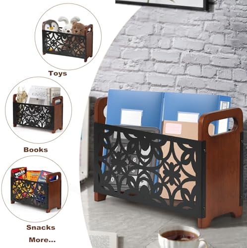 Magazine Holder,Oak Wood Magazine Rack Floor,Lotus Pattern - Image 2