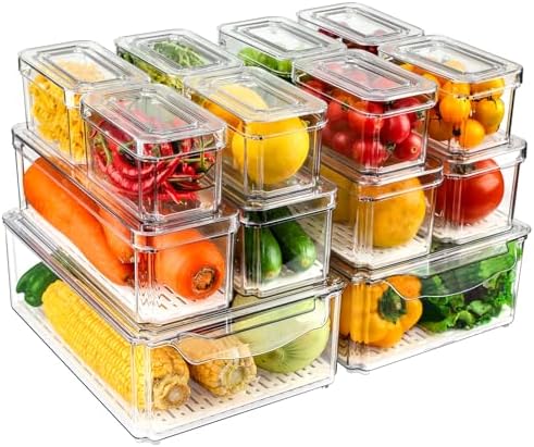 14 Pack Fridge Organizers and Storage - Refrigerator Organizer Bins with Lids, BPA-Free Fridge Organization, Fruit Storage Containers for Fridge, Vegetable, Food, Drinks, Cereals, Clear by NISILIN