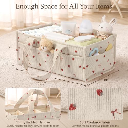 Corduroy Baby Diaper Caddy Organizer with Handles, Nursery Storage Basket - Image 2