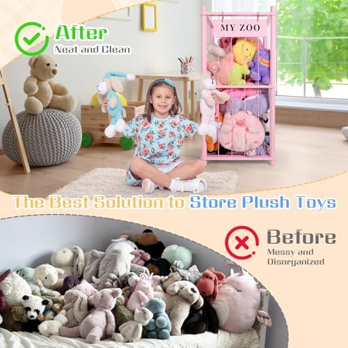 GLDZI Stuffed Animal Storage Zoo, Wooden Stuffed Animal Organizer with Elastic Cords for Boys Girls, Space Saving Toy Plushies Storage Holder for Playroom, Bedroom, Living Room (Pink, Small) - Image 4