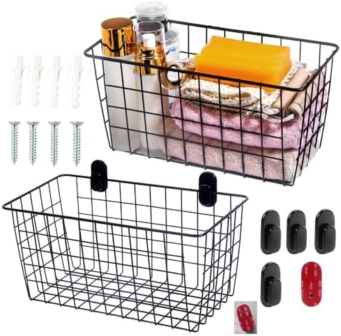 2 Pack【Extra Large】Hanging Kitchen Basket,Wire Storage Basket,with Traceless Tape and 3M High-Strength Plastic Hooks,no Drilling,for Cabinet Storage,Kitchen,Bathroom,Storage Room,large capacity by JUNCHUCHERRY