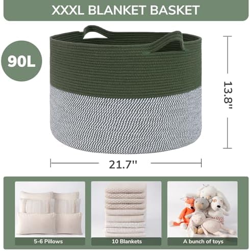 INDRESSME XXXLarge Woven Rope Blanket Basket Living Room Green, 90L - Image 3