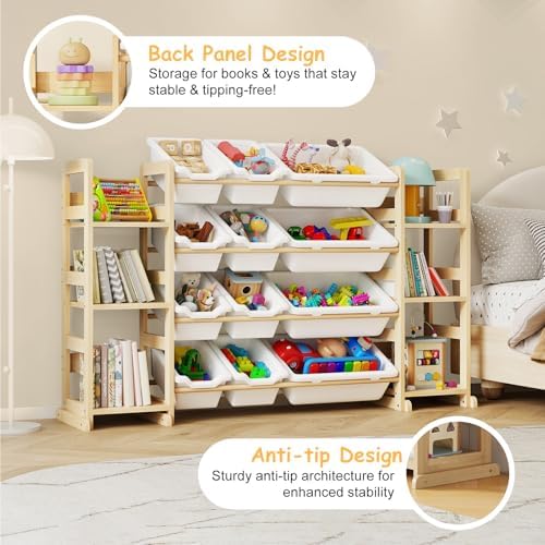 EXPERLAM Extra Large Toy Storage - Toy Storage Organizer, Wooden Toy Organizer with 6 Side Shelves and 12 Bins, 3-in-1 Bookshelf for Kids Rooms, Playroom, Nursery, White - Image 4