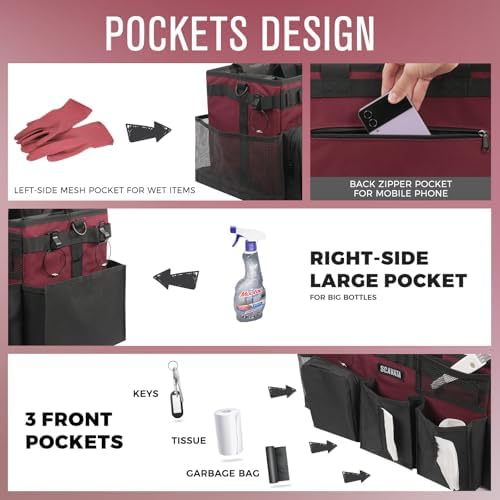SCAVATA Wearable Cleaning Caddy Bag, Cleaning Caddy Supplies Organizer with Handle & Shoulder Straps for Housekeepers, Under Sink & Car Cleaning Tool Organizers with 4 Foldable Divider (Magenta) - Image 2