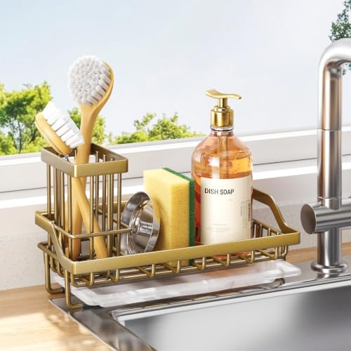 Consumest Sponge Holder for Kitchen Sink - Sink Caddy with Dish Brush Holder, Stainless Steel Kitchen Organizer with Drip Tray for Countertop, Darker Gold by Consumest