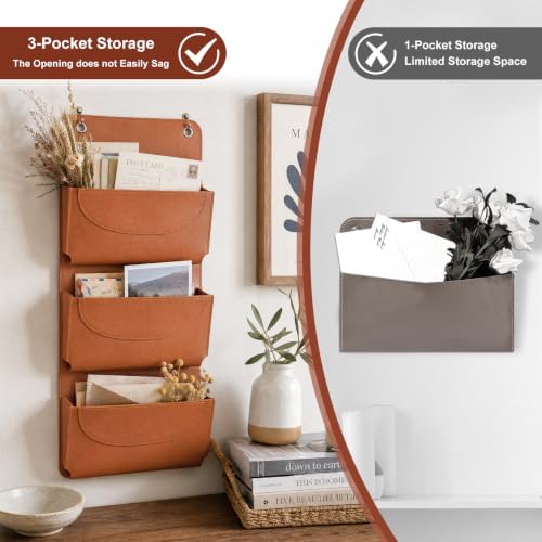 3-Pocket PU Leather Mail Holder Wall Mount Brown Wall File Hanging Organizer 9.65×4.72×1.38 Inch Wall Letter Holder Wall Mail Organizer with 2 Hook for Decor Storage Letter Key Office Home - Image 5