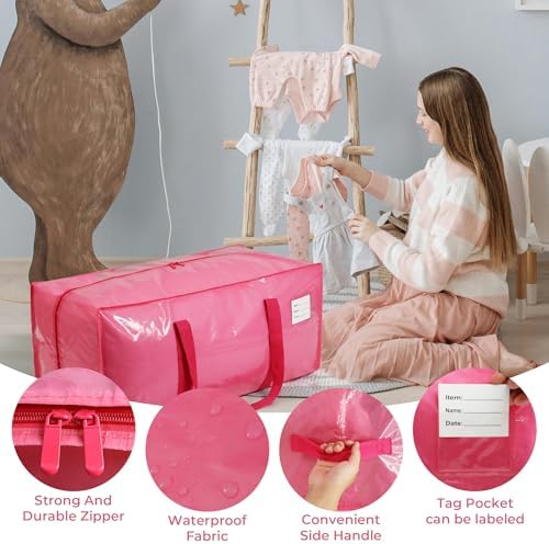 VTSVTS 6 Pack Extra Heavy Duty Large Moving Bags with Comfortable Handle & Strong Zipper,Storage Totes for Space Saving Moving Storage College Supplies Alternative to Moving Box,Pink - Image 2