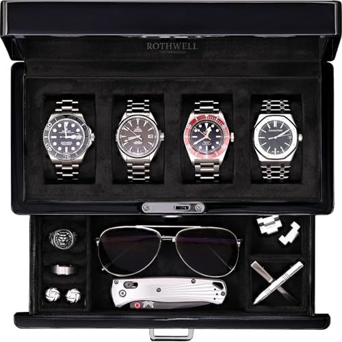 ROTHWELL 4-Slot Piano Black Watch Box with Valet Drawer - Premium Jewelry Display Case Organizer with Locking Glass Top and Microsuede Liner for Men & Women (Black Interior) by RothwellSanFrancisco