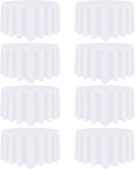 8 Pack White Round Tablecloth 120 Inch White Table Cloth Stain and Wrinkle Resistant Round White Tablecloths Reusable and Washable Polyester Fabric Table Covers for Buffet Wedding Party and Banquet
