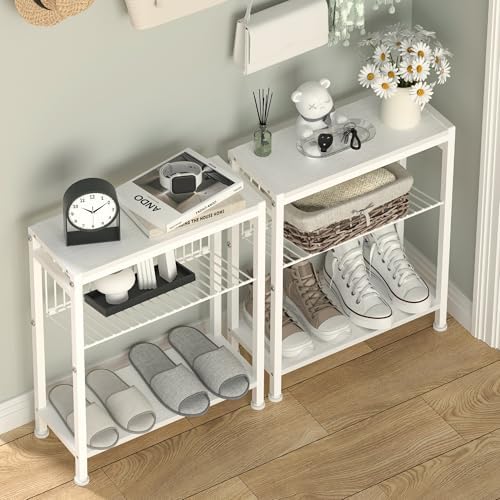 End Table Set of 2 for Small Space, 3-Tier Narrow Side Table with Magazine Holder,Small Nightstand, Skinny Snack Couch Table in Living Room, Bedroom Study and Balcony (White) - Image 2