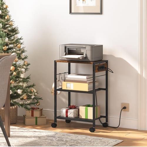 HOOBRO Industrial Printer Stand, 3-Tier Mobile Printer Table, Rolling Cart with Power Outlets and USB Ports, Home Printer Stand with 2 Hooks, for Office, Living Room, Rustic Brown BF22UPS01 - Image 6