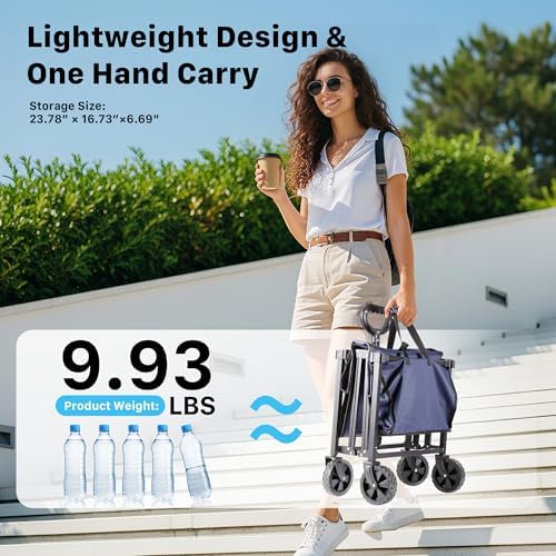 29.3" Collapsible Wagon Cart, 150L Heavy Duty Folding Utility Wagon with Wheels, 260 lbs Load, Portable Rolling Cart for Garden, Shopping, Sports, Camping, DarkBlue - Image 4