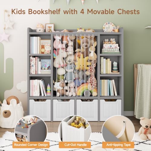 ONBRILL 3-in-1 Toy & Stuffed Animal Storage, 4 Movable Toy Chest, Grey - Image 4