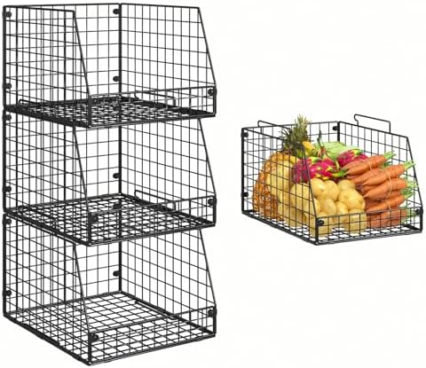 3 Pack XXL Stackable Wire Baskets, Large Storage Bins for Onion, Potato, Vegetable, Fruit, Snack, Pantry Baskets for Kitchen Cabinet Countertop, Pantry Organizers and Storage Solutions by Jakyitvi