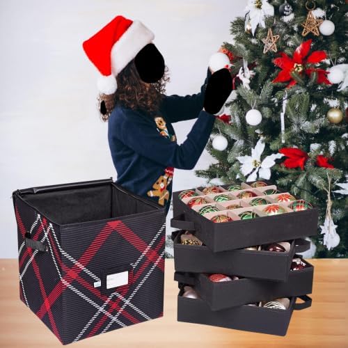 Christmas Ornament Storage Box | 4 Individual Trays with Dividers | Holiday Organizer Container | Fits 64 Ornaments Decoration Balls Holder | Strong Oxford Material (Plaid) - Image 2