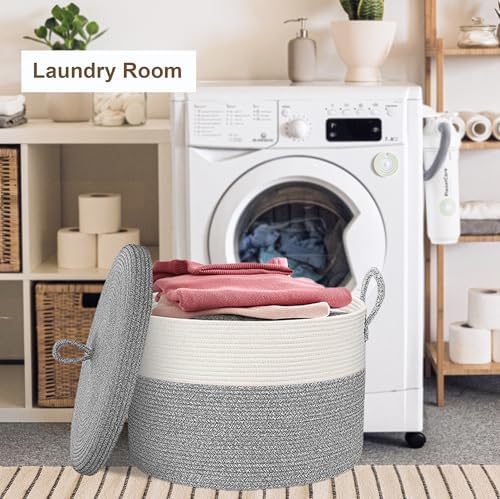 21" x 18" Extra Large storage baskets,Decorative blanket basket with lid for Living room,rope baskets with lid,wicker hamper for bedroom,Big,Round,White & Grey 115L - Image 5