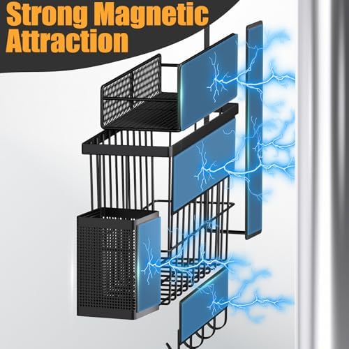 Magnetic Spice Rack for Refrigerator, 7 Pack Metal Magnetic Shelf, Moveable Magnetic Storage Fridge Organizer, Spice Organizer, Hook Rack, Paper Towel Holder, Utensils Holder, Cutting Board Holder - Image 3