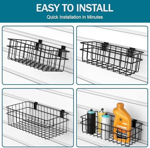4 Pack Large Size Slatwall Baskets Set, Ventilated Metal Hanging Storage Slat Wall Basket, Mounted Slatwall Accessories for Garage Storage Organizing Display on Slatwall Panels bins (Black) - Image 6