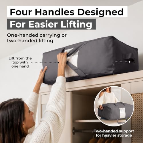 Soft Canvas Storage Bags with Zipper. Thick Breathable, 1pc King/Queen Comforter Organizer. Four Carrying Handles and Window. Large 25x19x9in Bag for Sheets Blankets Bedding Pillows, Clothes (Grey) - Image 4
