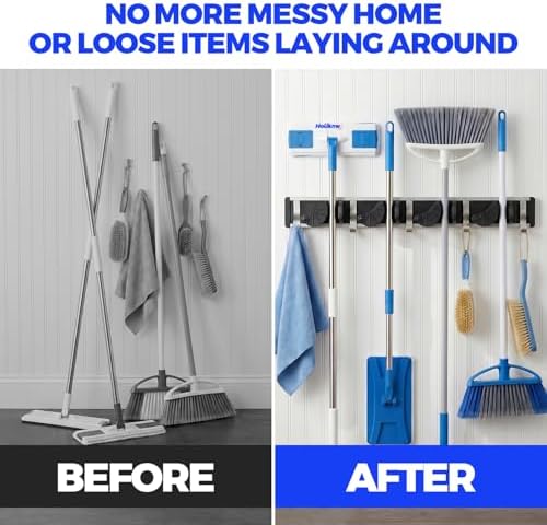 Holikme Mop Broom Holder Wall Mount Metal Pantry Organization and Storage Garden Kitchen Tool Organizer Wall Hanger for Home Goods (4 Positions with 4 Hooks, Black) - Image 4
