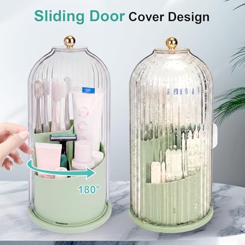 QIYVLOS Toothbrush Holders with Sliding Lid, Rotating 3 Slots Bathroom Organizer Countertop, Tooth Brush Toothpaste Holder Bathroom Counter Stand Sink Organizer Caddy for Makeup Brushes Holder (Green) - Image 2