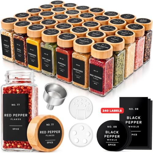 EDELHAUS Glass Spice Jars with Label, 36x Bamboo Wooden Lids - Black Labels by EDELHAUS