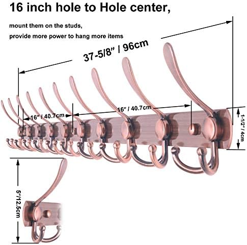 WEBI Coat Rack Wall Mount,37 5/8" Long Coat Hanger Wall,Coat Hooks Wall Mounted,16'' Hole to Hole,10 Triple Hooks for Hanging Coats,Clothes,Jacket,Hats,Antique Copper,2 Packs - Image 2