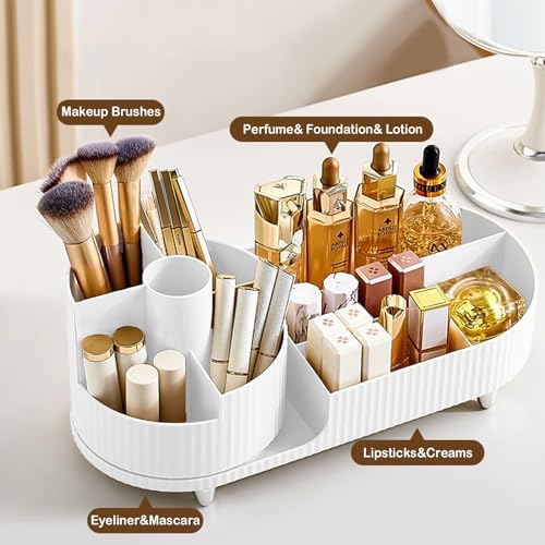 Rotating Vanity Organizer with Brush Holder, Large Spinning Makeup Skincare & Cosmetic Organizer, Countertop Perfume & Lotions Display Case (White) - Image 2