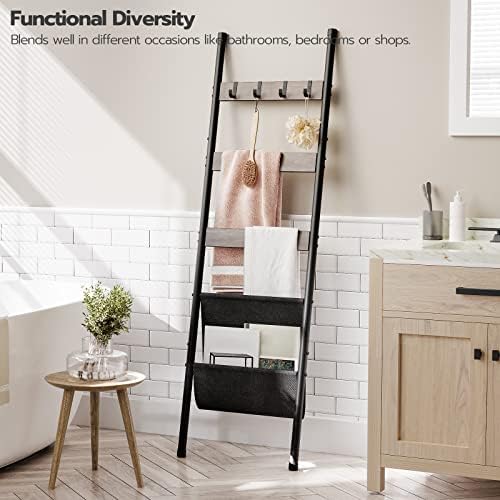 HOOBRO Blanket Ladder, 5 Tier Towel Rack, 17.3" L x 63" H, Wall-Leaning Blanket Rack for Living Room, Decorative Ladder with 4 Hooks and Magazine Pocket, Greige BG32CJ01 - Image 4